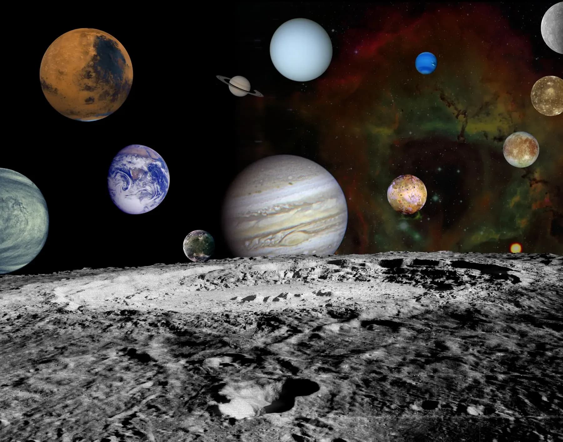 Montaje de planetas del sistema solar sobre la nebulosa Roseta